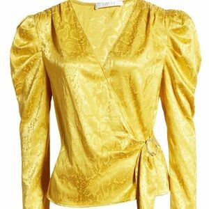 WAYF Gigi puff sleeve wrap top. Gold XS